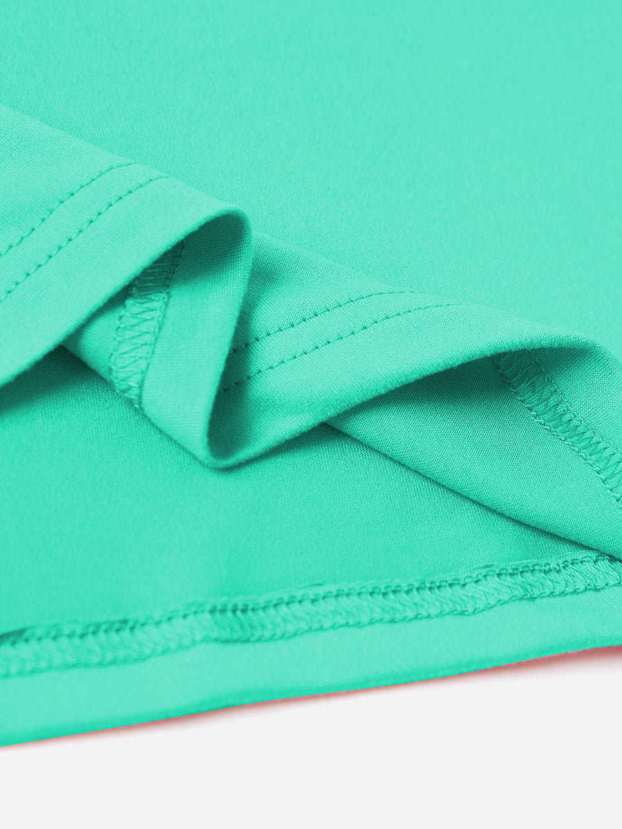 Aqua t-shirt detail showing hem stitching and fabric texture.