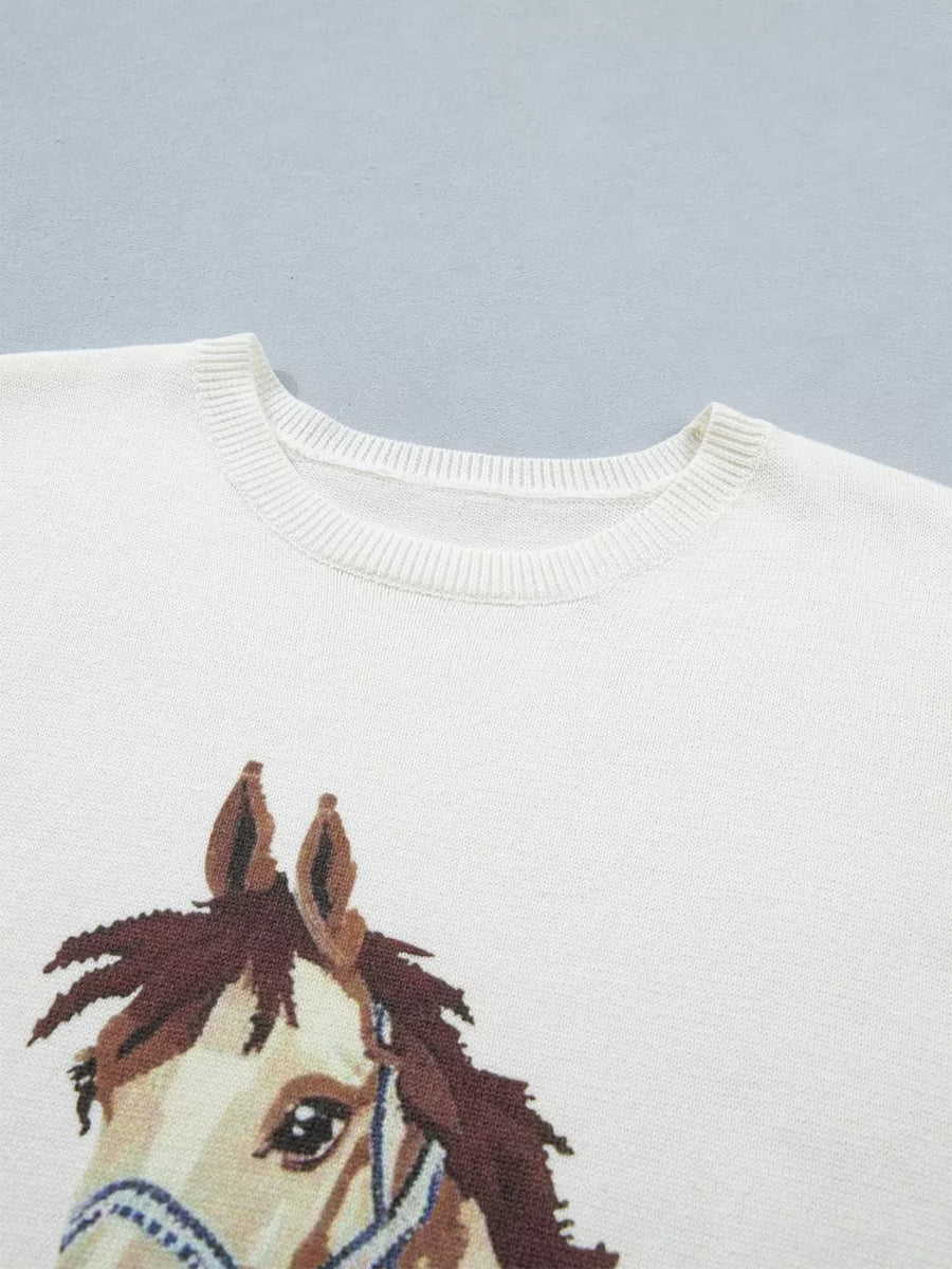 White acrylic sweater with embroidered horse head graphic and crew neck.