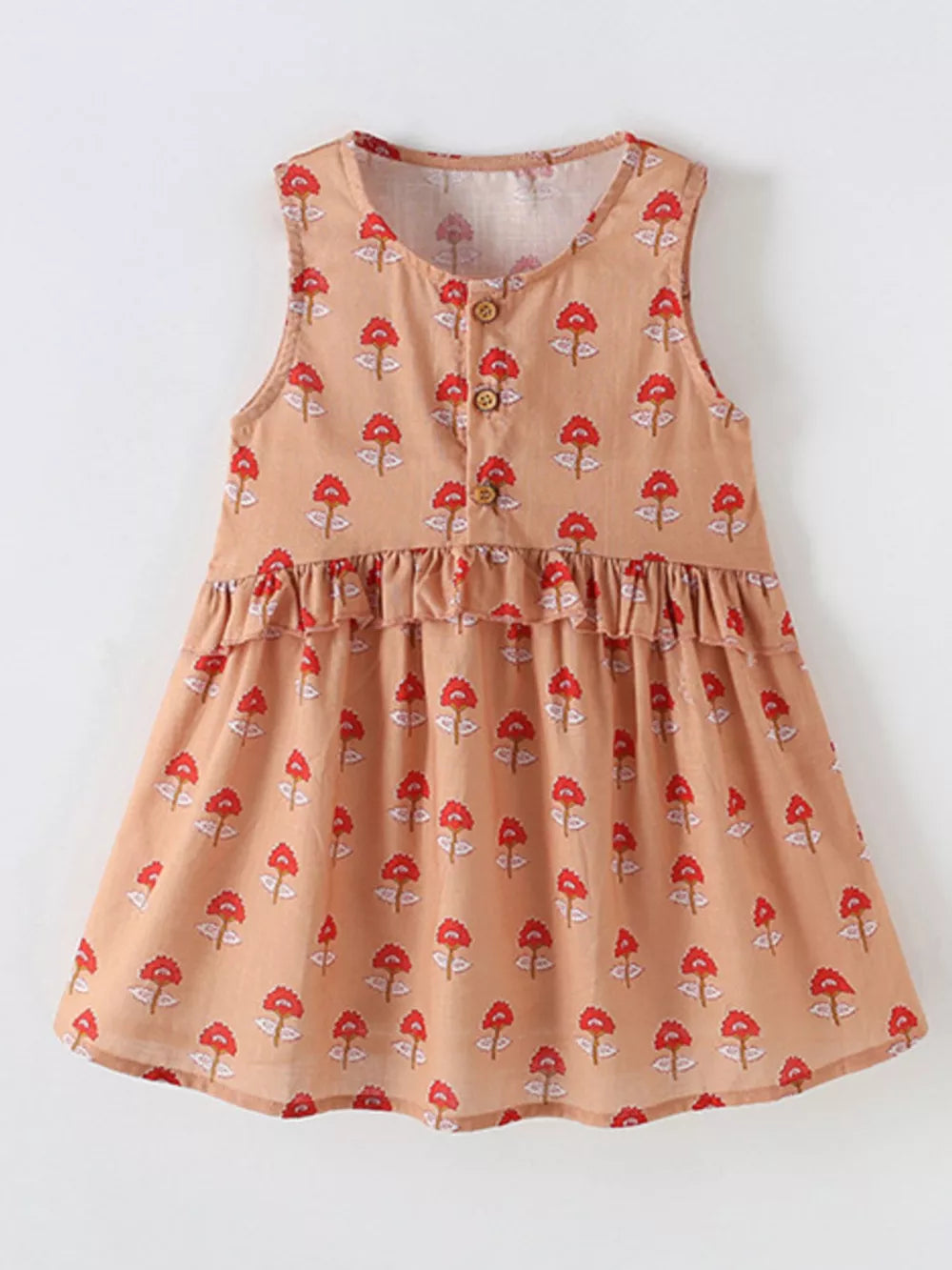 Toddler girls' peach cotton dress with red floral print, ruffles, and buttons.