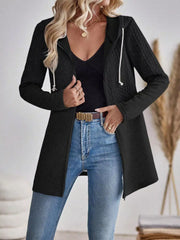 Black cable-knit hooded zip jacket with textured sleeves and white drawstrings.