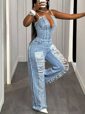 Distressed Spaghetti Strap Wide-leg Denim Jumpsuit option 3