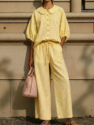 Full Size Plaid Button Up Shirt And Pants Set Plus Size in Pink