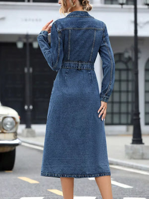 Belted Long Sleeve Denim Dress option 7