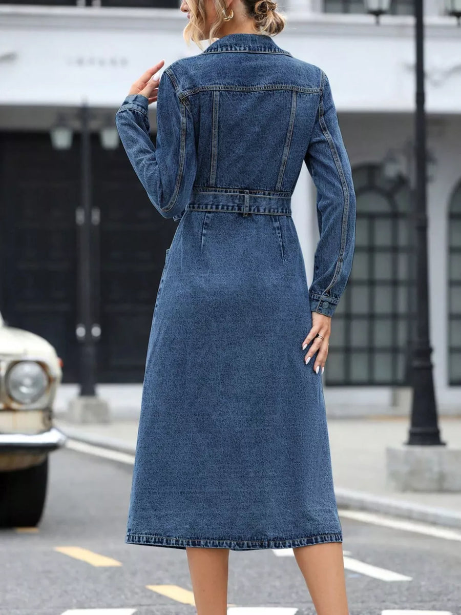 Belted Long Sleeve Denim Dress option 7