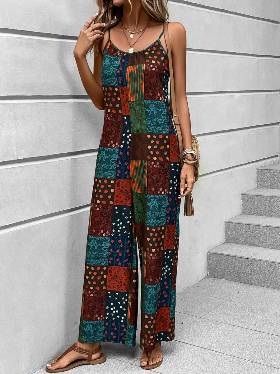 Patchwork print cami jumpsuit with wide legs in multicolor.
