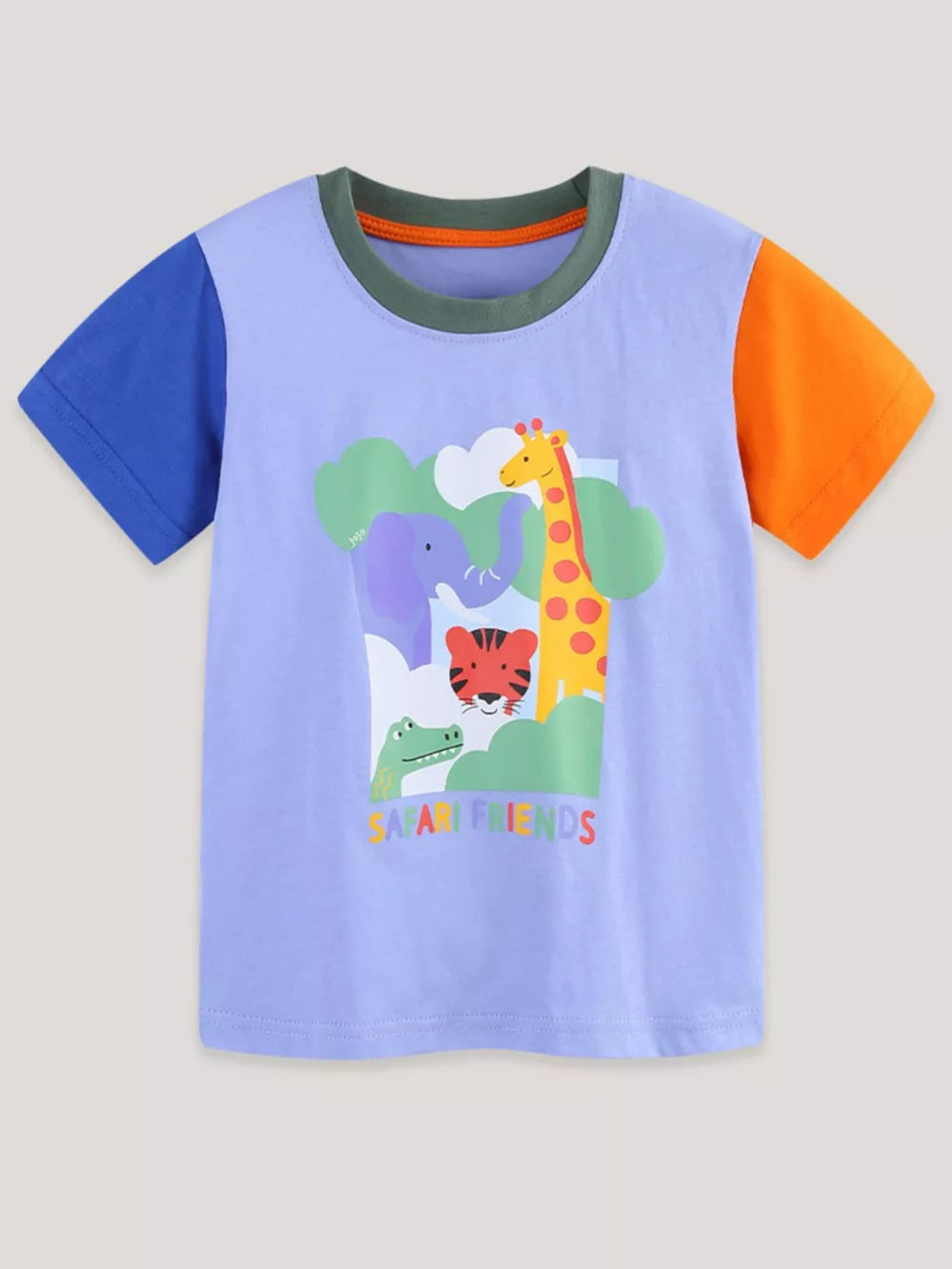 Toddler cotton t-shirt with color-block sleeves and a safari animal print graphic.