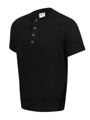 Men's Short Sleeve Ribbed Henley Top in Black