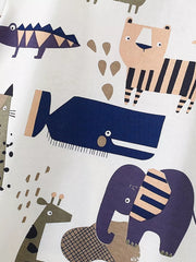 Toddler cotton tee with playful animal print featuring a tiger, whale, giraffe, elephant, and crocodile.
