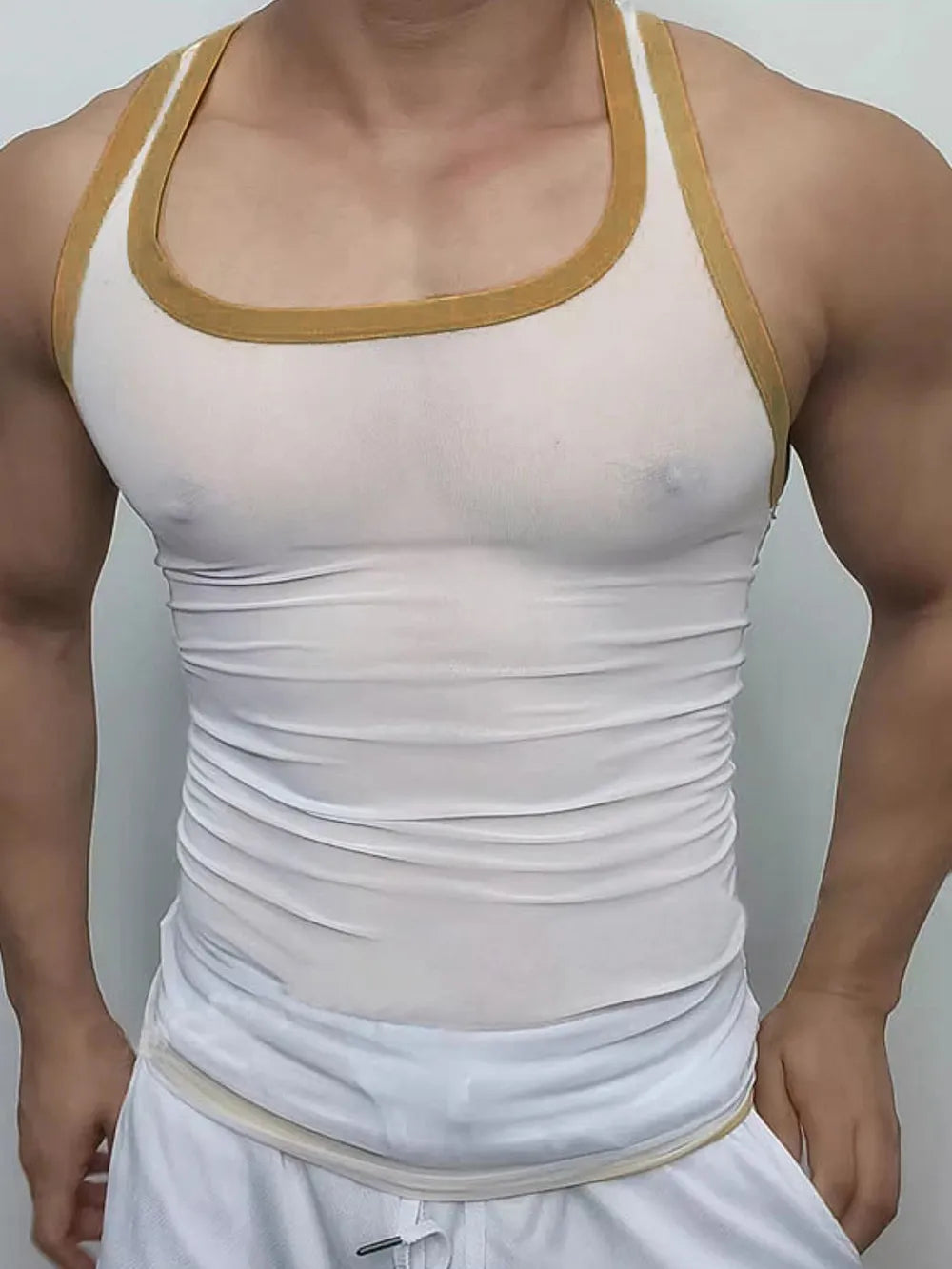 White mesh tank top with contrast trim and ruched detail