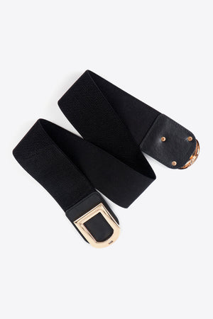 Black elastic belt with double gold buckles and faux leather accents.