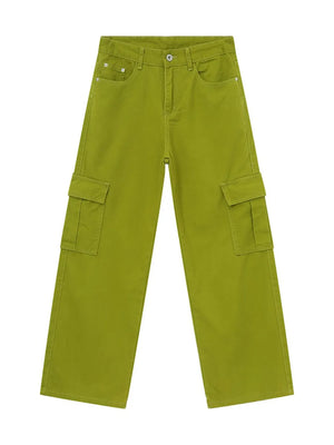 Oversized cargo denim trousers in Matcha Green with utility pockets and a relaxed fit.