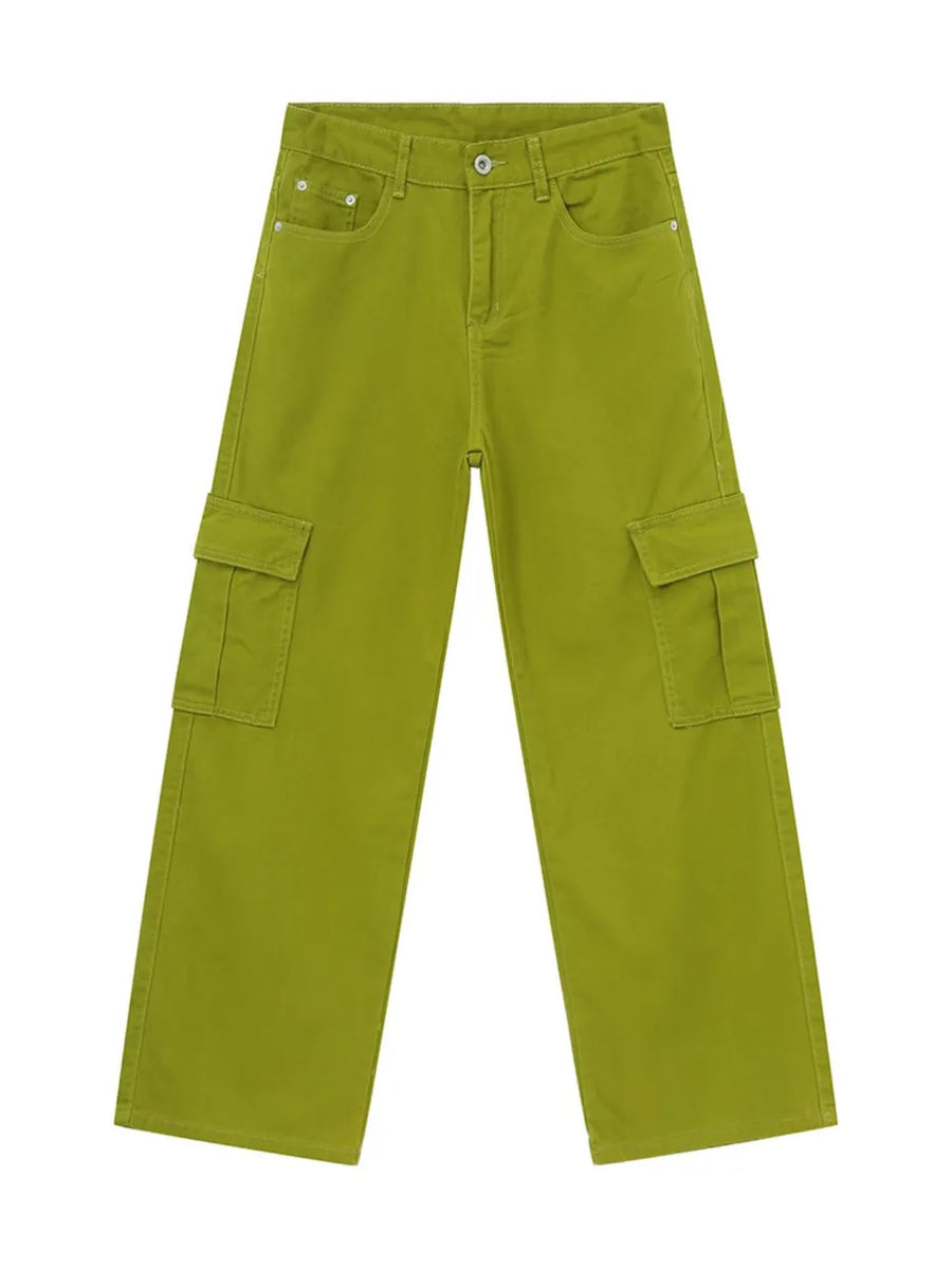Oversized cargo denim trousers in Matcha Green with utility pockets and a relaxed fit.