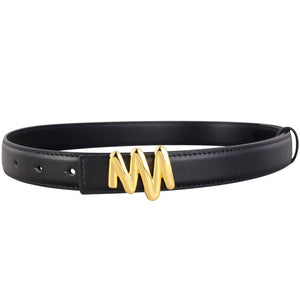 Black cowhide leather belt with glossy gold buckle detail