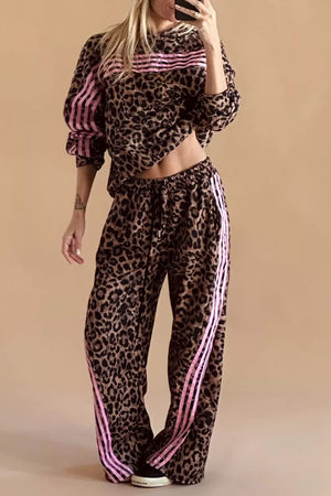 Coffee Brown Leopard Print Striped Long Sleeve Top Pant Set