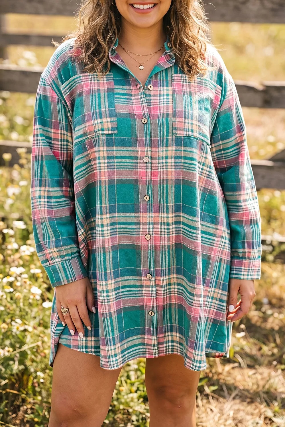 teal shirt dress with plaid and collared