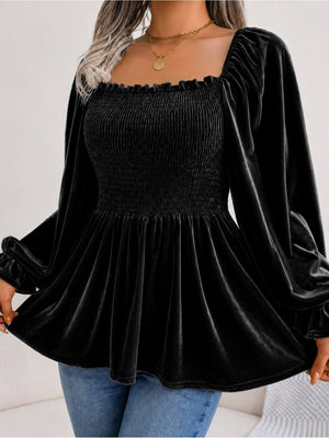 olive green peplum top with smocked and long sleeve