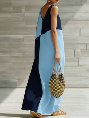 Maxi dress with V-neck and colorblock pattern in light blue and navy.