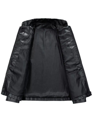 Black oversized leather racing jacket, open view showing smooth lining and interior pocket.