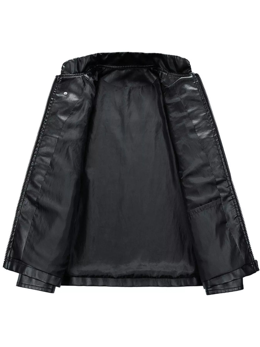 Black oversized leather racing jacket, open view showing smooth lining and interior pocket.