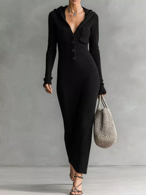 Dark Green with Hooded Knit Maxi Sweater Dress