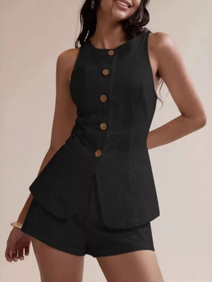 Black cotton two-piece set with decorative buttons and shorts