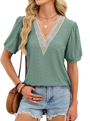 Dark Green eyelet V-neck t-shirt with lace trim and puff sleeves