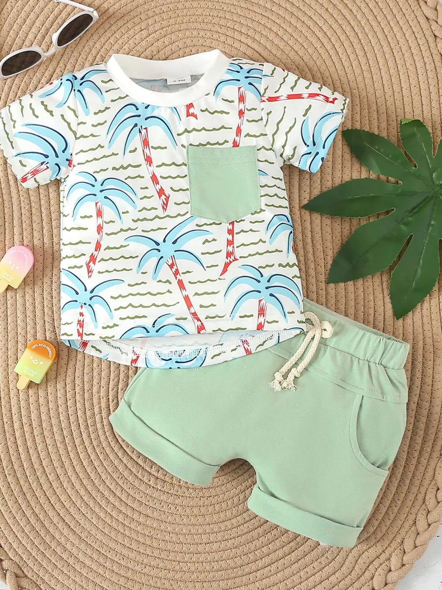 Children's Palm Tree Print T-shirt And Shorts Set in Dusty Pink