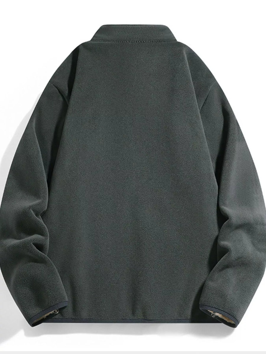 Fleece lined zip-up jacket in graphite gray with a stand-up collar.