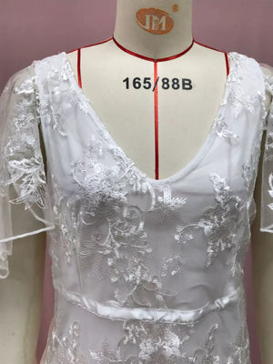 White lace v-neck dress with flutter sleeves and floral embroidery.