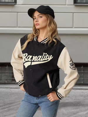 Black Contrast Baseball Jacket With Embroidered Lettering