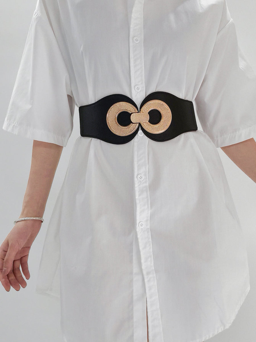 Black elastic waist cincher belt with gold double circle metalwork detail.