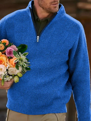 Textured ribbed quarter-zip sweater in royal blue with a mock neck and zipper detail.