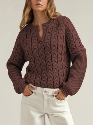 Khaki pullover sweater featuring cable-knit and cable knit