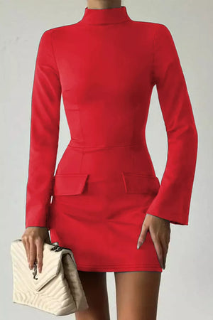 Deep Red with Long-sleeve Mini Dress With Flap Pockets