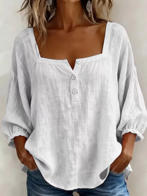 Full Size Square Neck Button Detail Blouse in White