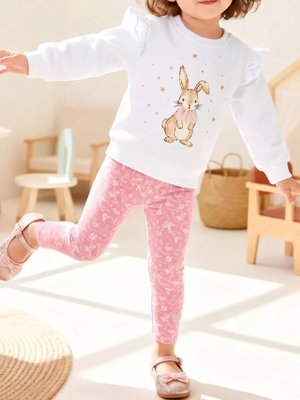 White Children's Bunny Graphic Sweatshirt And Leggings Set