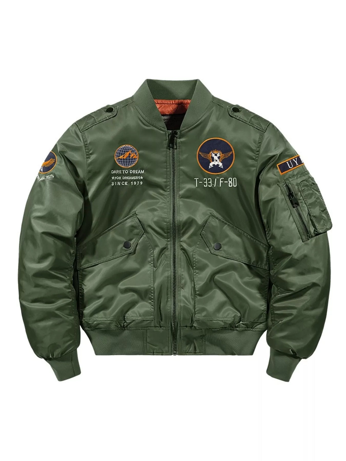 Men's Army Green Zip Up Bomber Jacket with patches and embroidered details