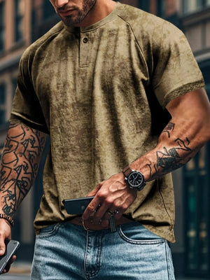 Textured henley tee in Army Green with raglan sleeves and button placket.