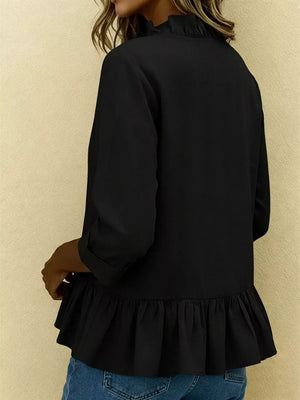 Full Size Ruffled V-neck Long Sleeve Blouse Plus in Yellow-green with ruffled