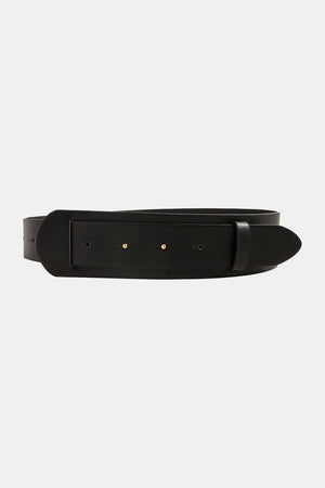 Black leather wide belt with adjustable buckle and gold-tone studs