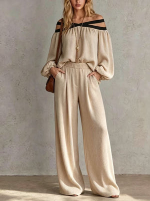 light beige two-piece set with ribbed and off-shoulder