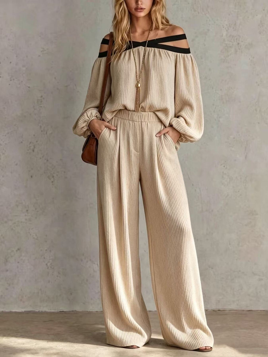 light beige two-piece set with ribbed and off-shoulder
