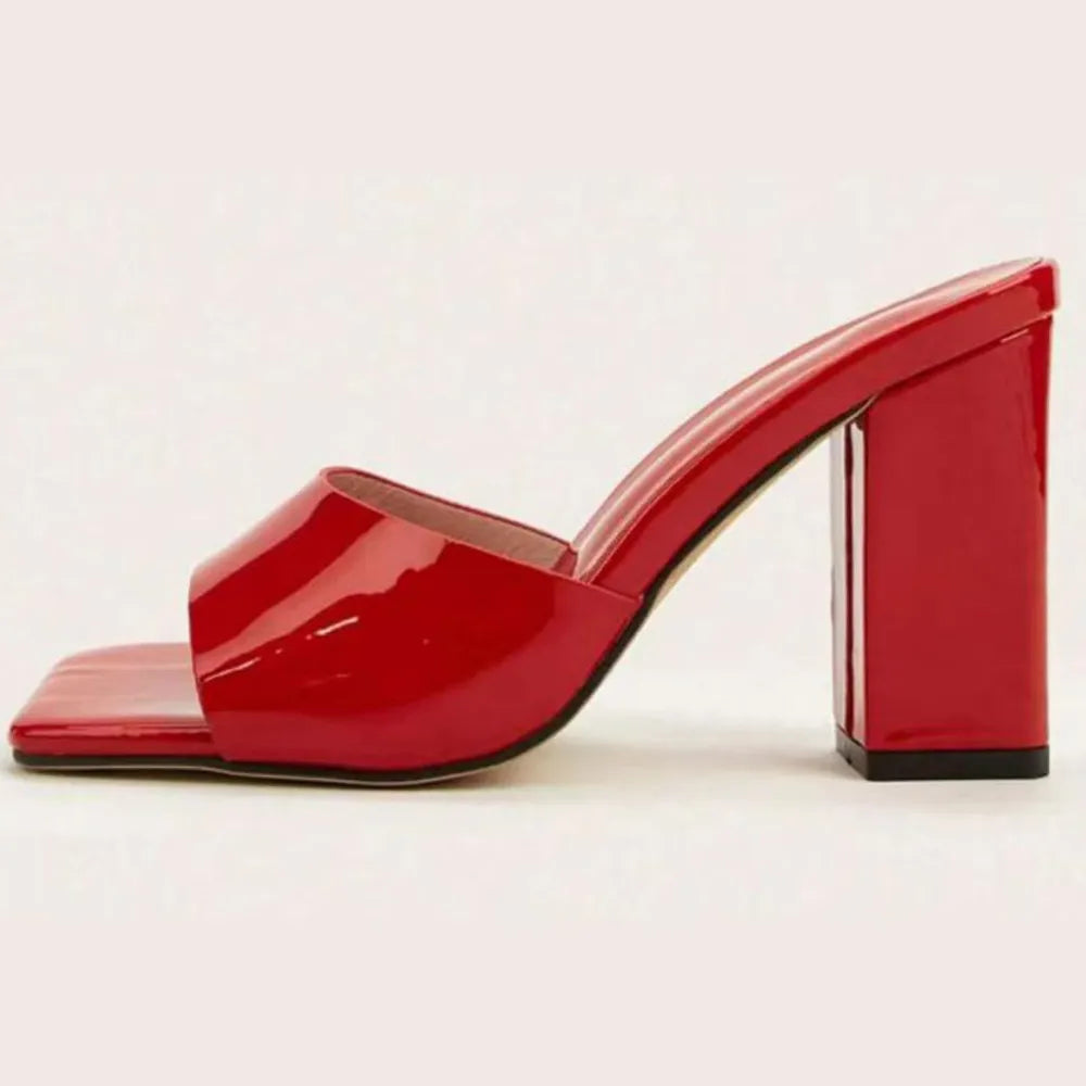 Red patent leather block heel mule with square toe