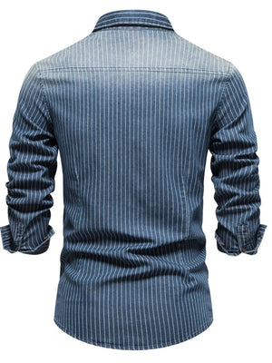 Denim western shirt in Peacock Blue with vertical white stripes, buttoned cuffs, and collar.