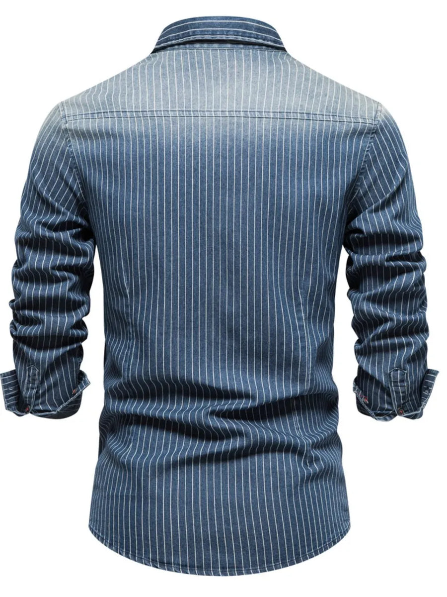 Denim western shirt in Peacock Blue with vertical white stripes, buttoned cuffs, and collar.