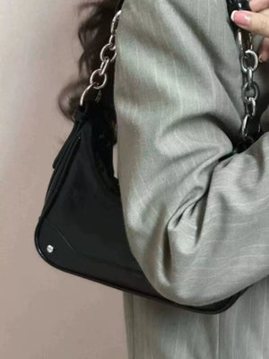 Black mini PU leather shoulder bag with silver chain strap