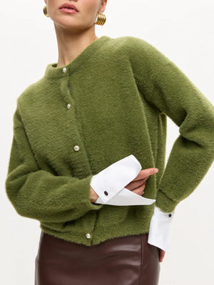 cardigan in olive green featuring buttoned and relaxed fit