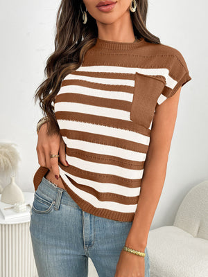 Striped knit sweater with short sleeves and a chest pocket in brown and white.