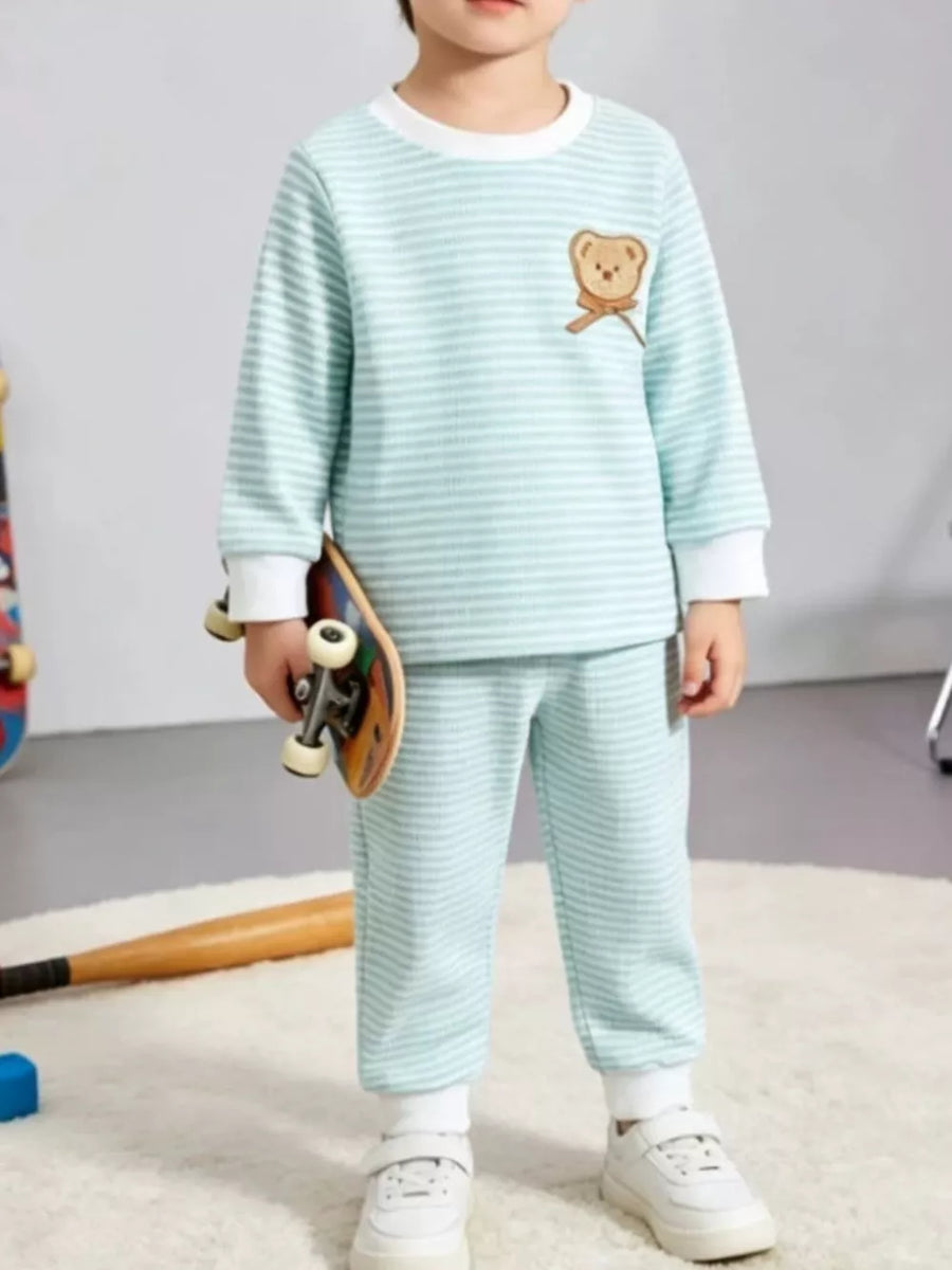 Light Blue Children's Bear Striped Top And Pants Set