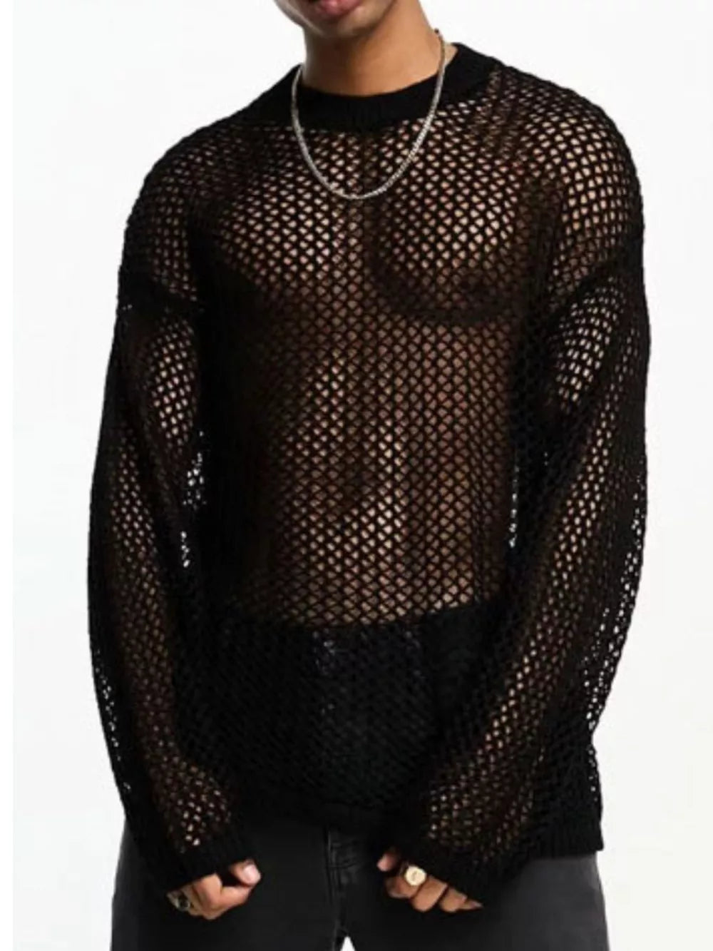 Men's black sheer mesh long sleeve tee with round neck and diamond pattern.